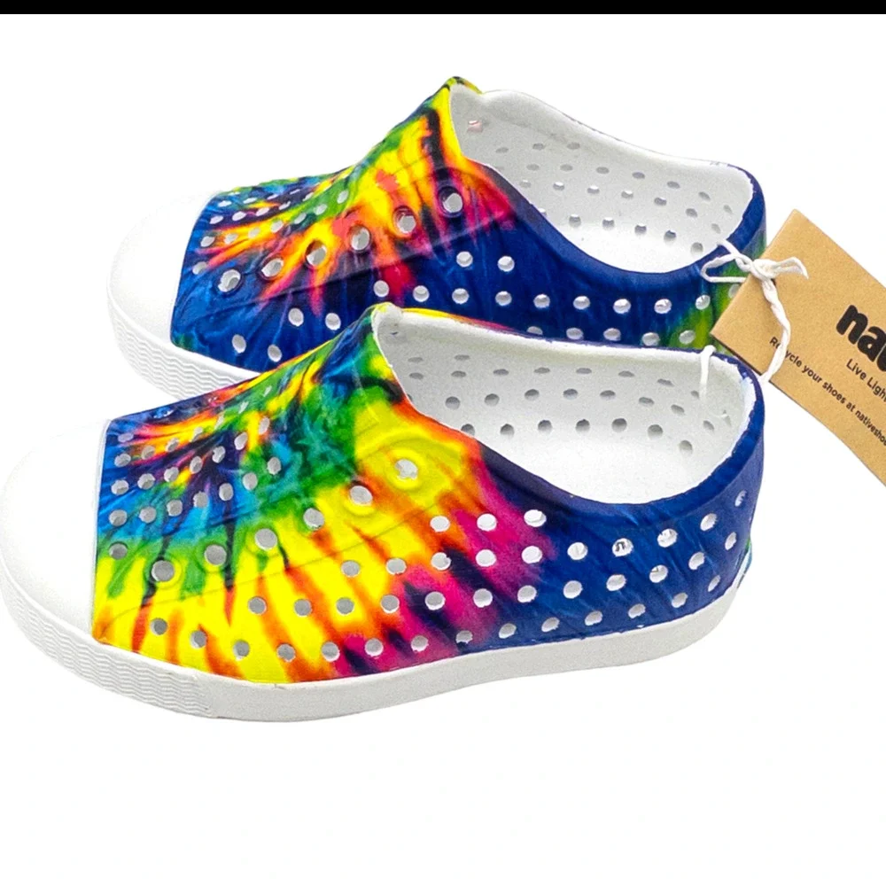 Native Jefferson Tie Dye Kids Water Shoes Neon Multi Rainbow Childs 4